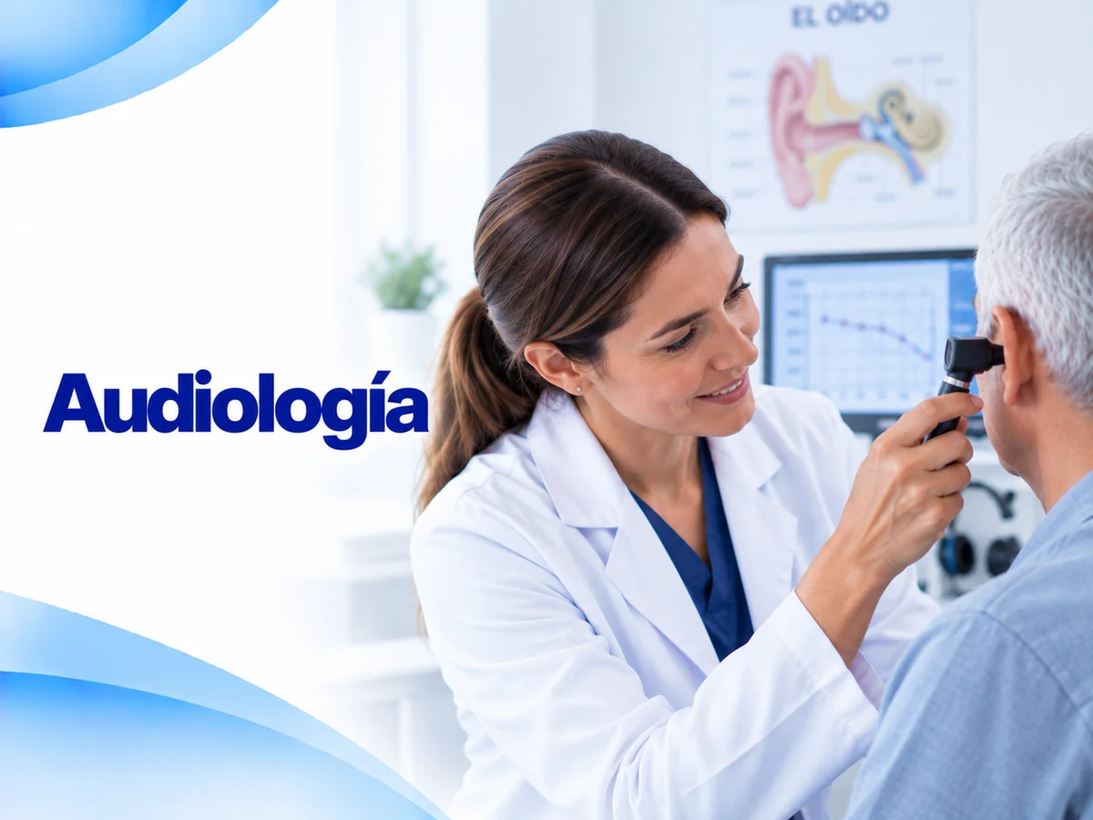 Ilustración de consulta de audiología con una médica revisando el oído de un paciente