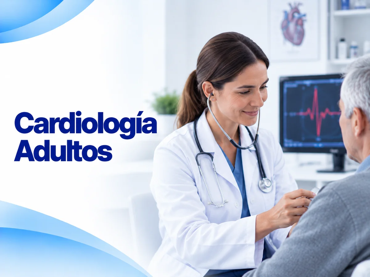 Ilustración de consulta de cardiología con una médica de estetoscopio atendiendo a un paciente adulto mayor