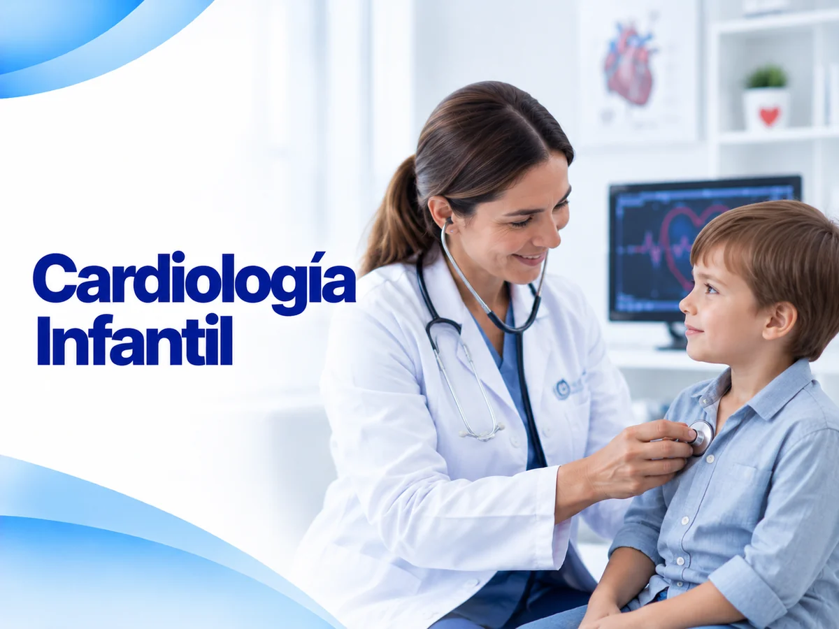 Ilustración de consulta de cardiología infantil con una médica de estetoscopio y un niño