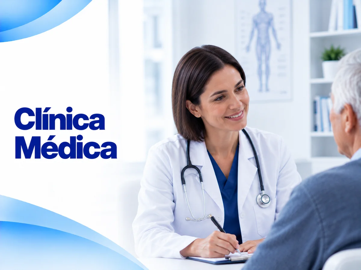 Ilustración de consulta de clínica médica con una médica y un paciente adulto mayor