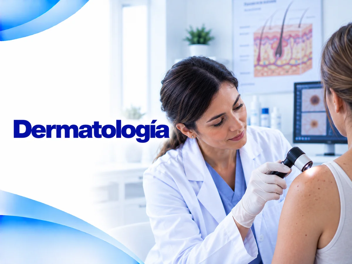 Ilustración de consulta de dermatología con una médica usando dermatoscopio en el hombro de una paciente