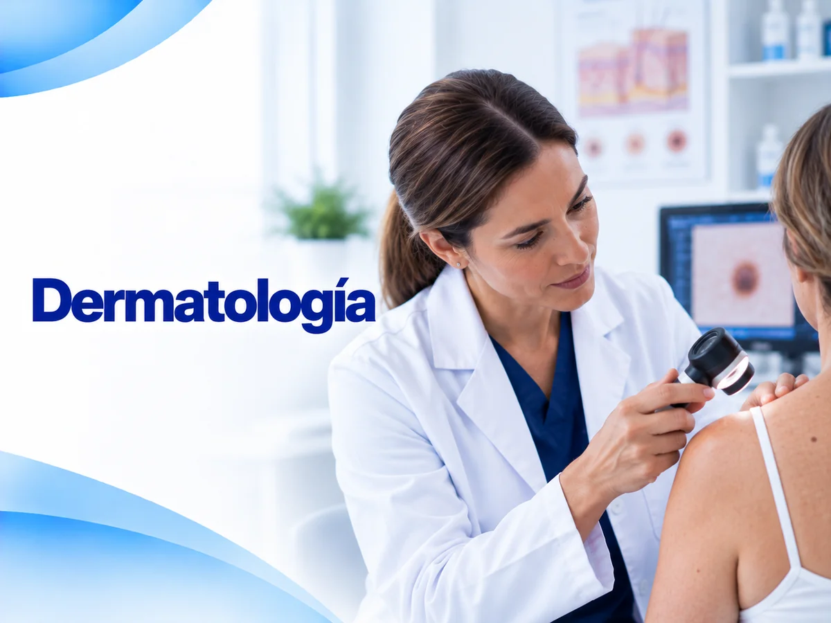 Ilustración de consulta de dermatología con una médica usando dermatoscopio sobre la piel de un paciente