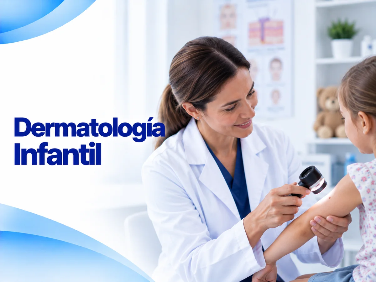 Ilustración de consulta de dermatología infantil con una médica usando dermatoscopio en el brazo de una niña
