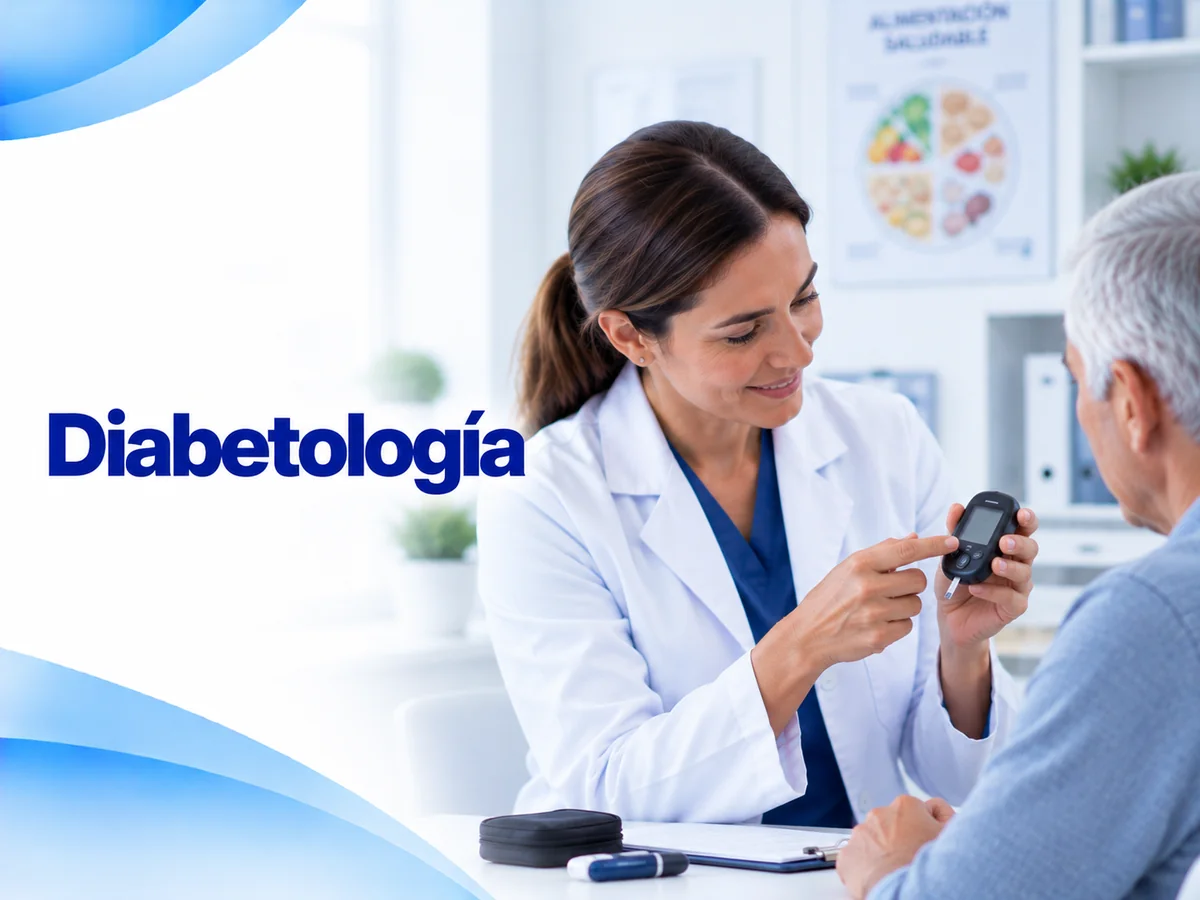 Ilustración de consulta de diabetología con una médica, un glucómetro y un paciente adulto mayor