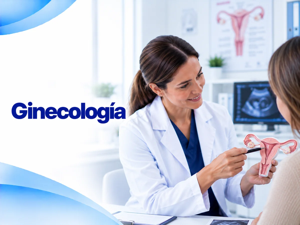 Ilustración de consulta de ginecología con una médica, un modelo anatómico y un monitor de ecografía