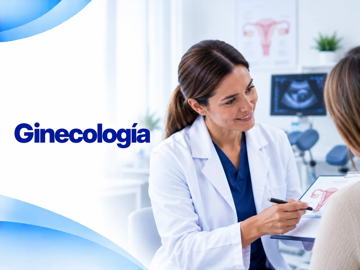 Ilustración de consulta de ginecología con una médica explicando con un modelo anatómico