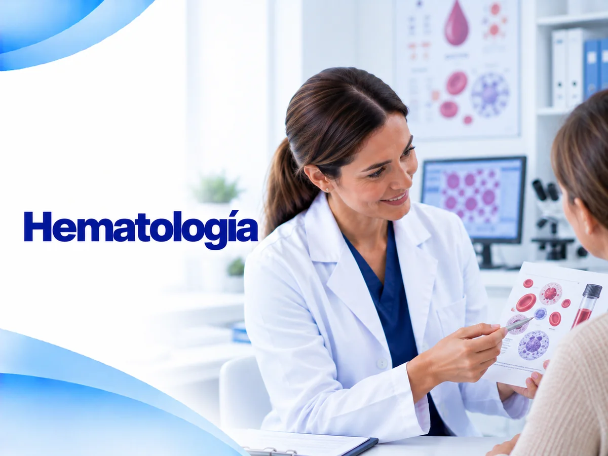 Ilustración de consulta de hematología con una médica mostrando láminas de células de la sangre