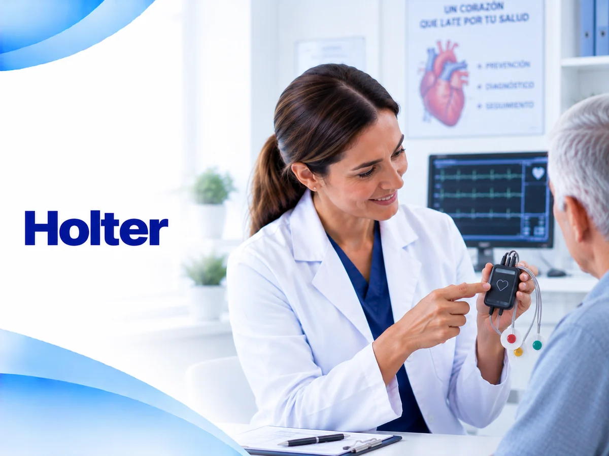 Ilustración de una médica mostrando un equipo de Holter a un paciente