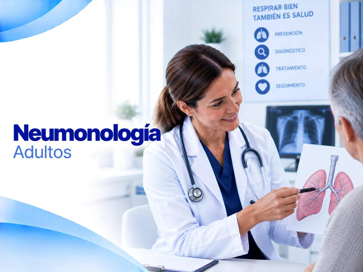 Ilustración de consulta de neumonología para adultos con una médica mostrando láminas de pulmones