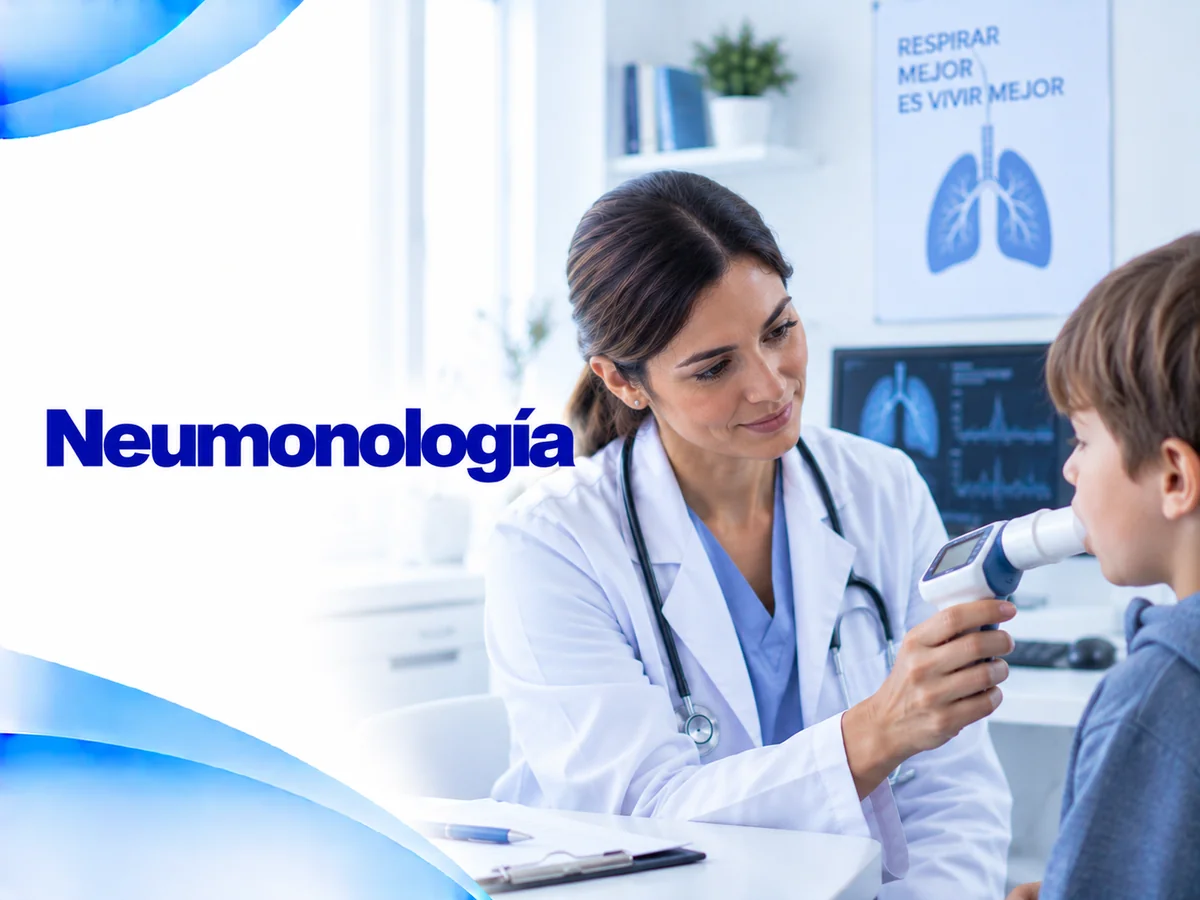 Ilustración de consulta de neumonología con una médica midiendo la respiración de un niño