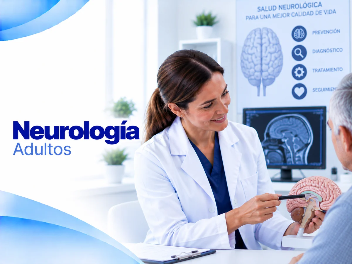 Ilustración de consulta de neurología para adultos con una médica señalando un modelo de cerebro