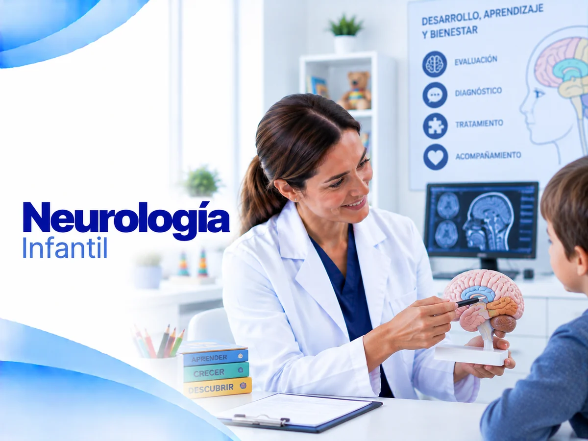 Ilustración de consulta de neurología infantil con una médica mostrando un modelo de cerebro a un niño