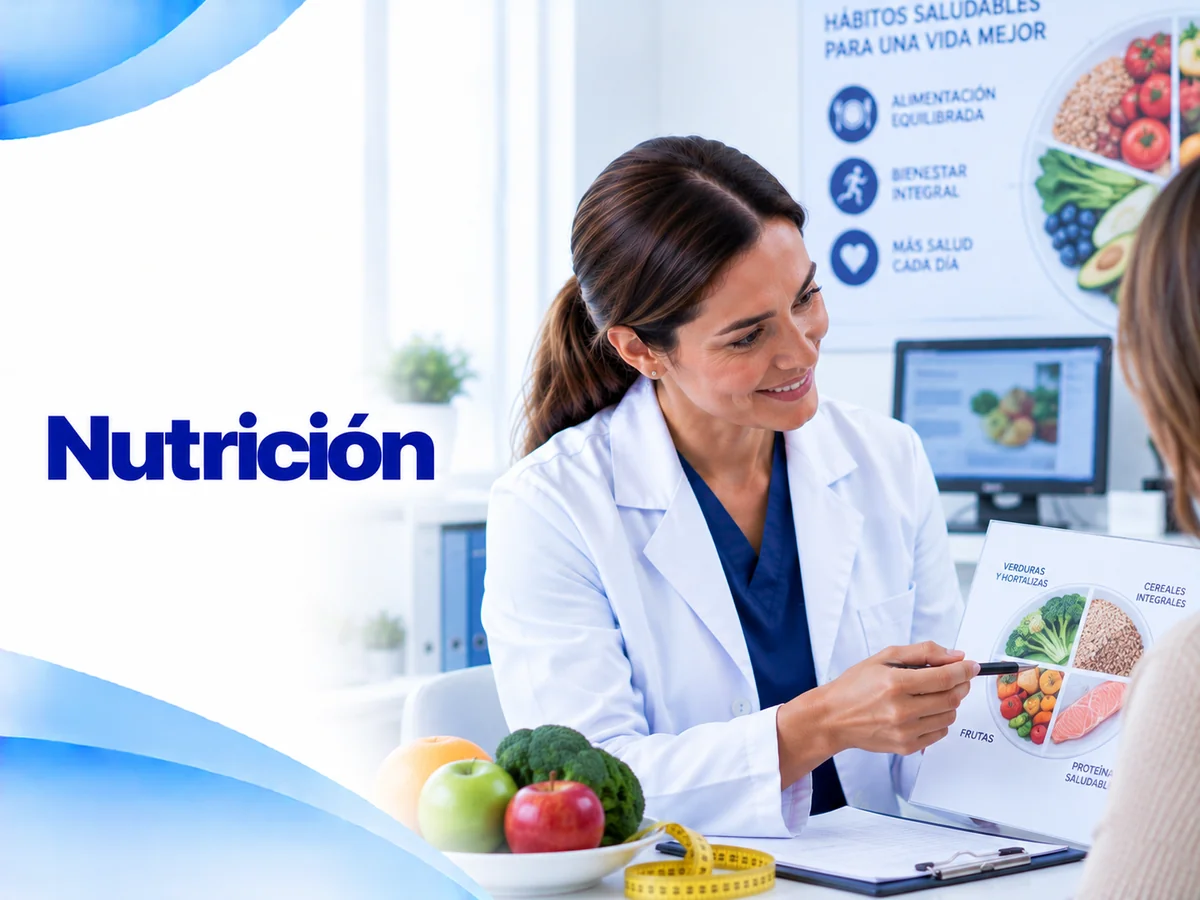 Ilustración de consulta de nutrición con una profesional, frutas y verduras y una planilla de hábitos saludables