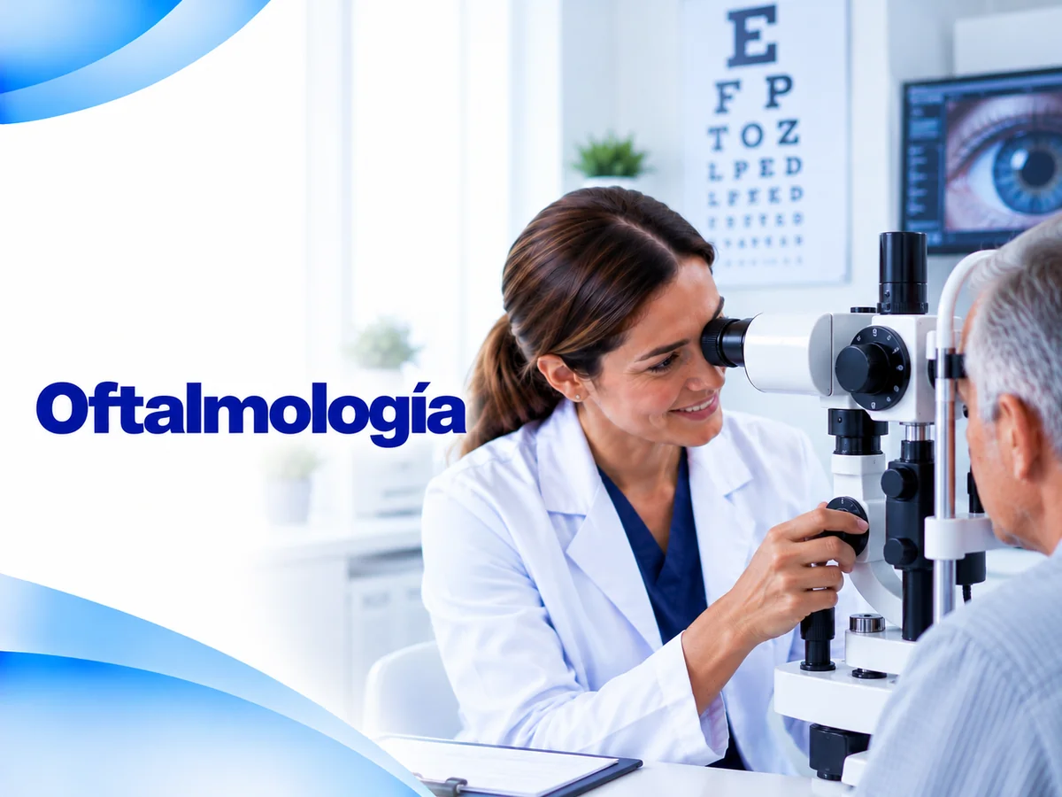 Ilustración de examen oftalmológico con una médica y un equipo de lámpara de hendidura