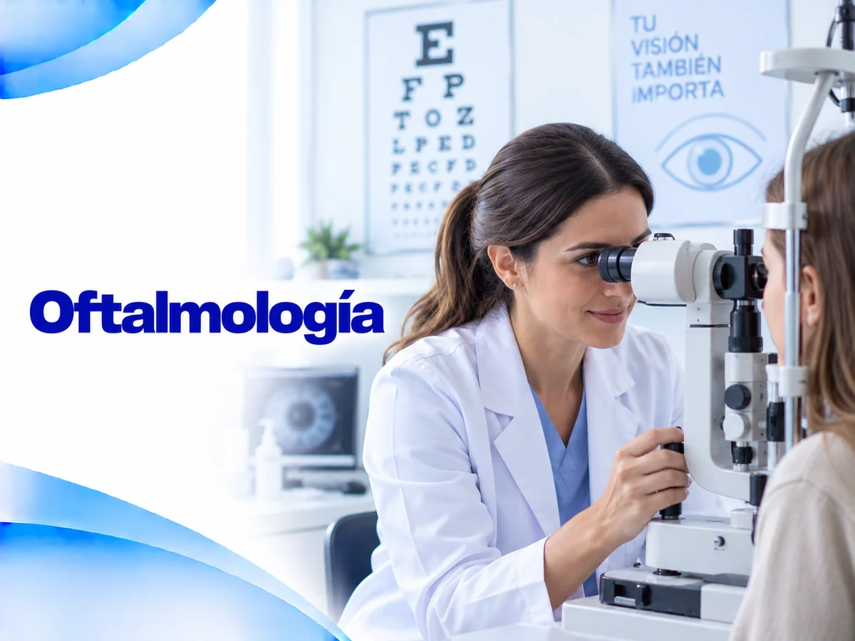 Ilustración de consulta de oftalmología con una médica y un lensómetro de lámpara de hendidura