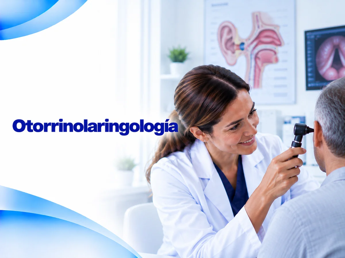 Ilustración de consulta de otorrinolaringología con una médica revisando a un paciente con otoscopio
