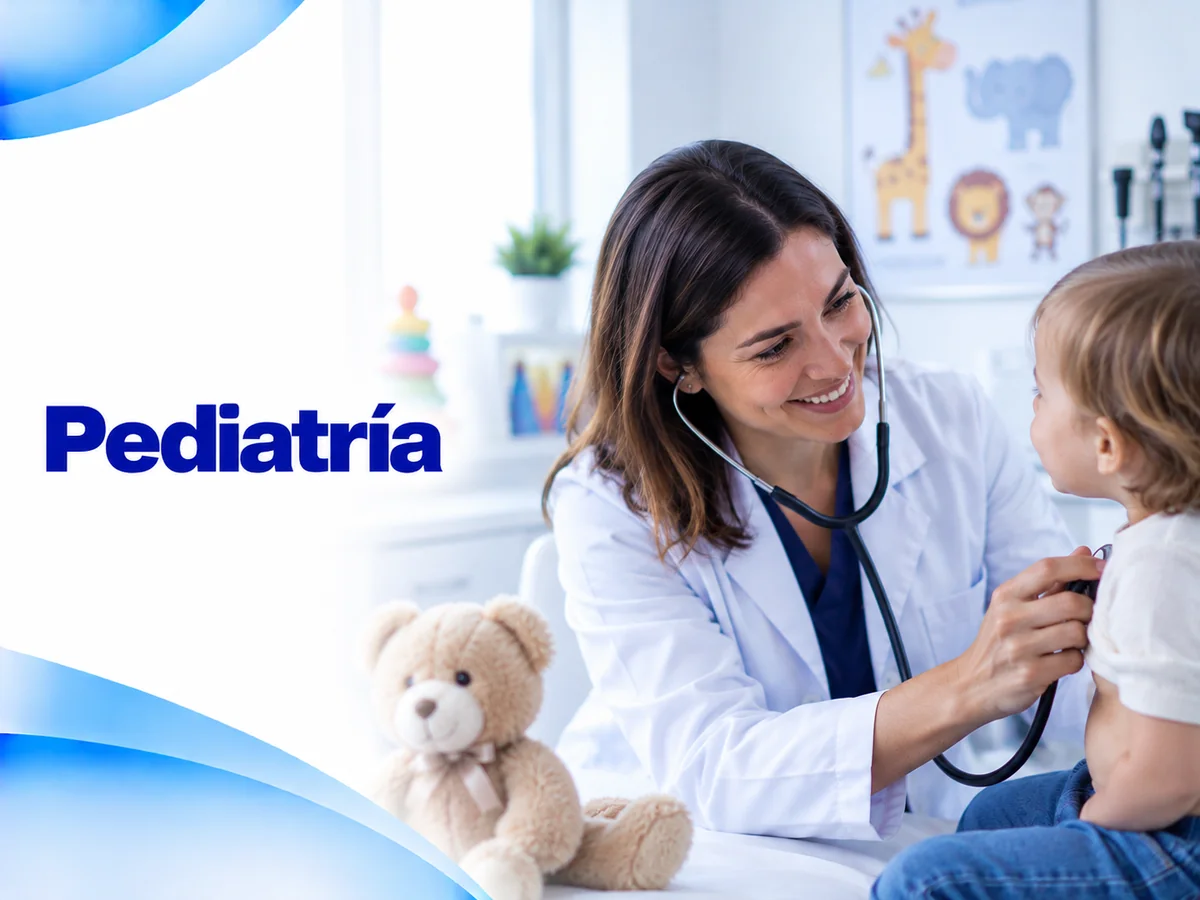 Ilustración de consulta pediátrica con una médica escuchando con estetoscopio a un niño y un peluche