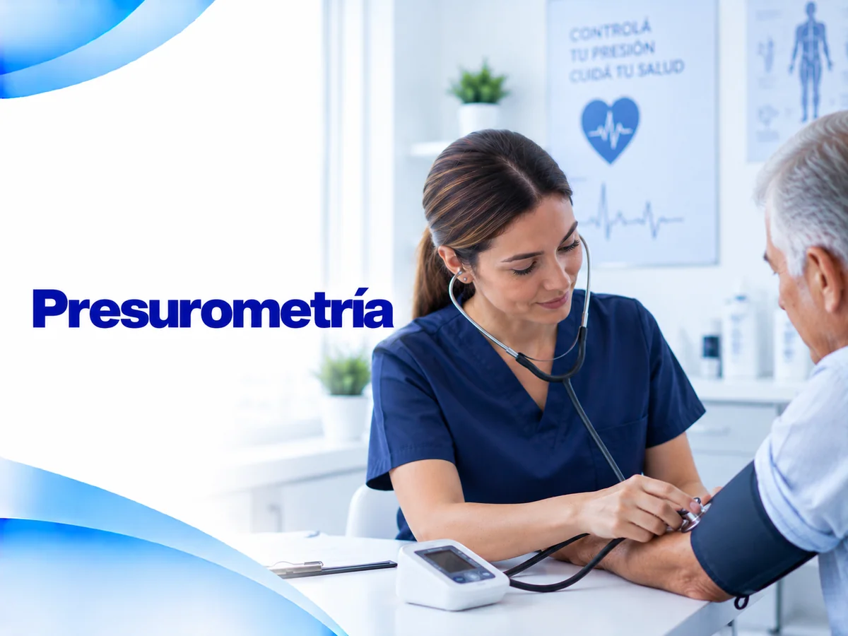 Ilustración de medición de presión arterial con una médica y un tensiómetro en el brazo de un paciente adulto mayor
