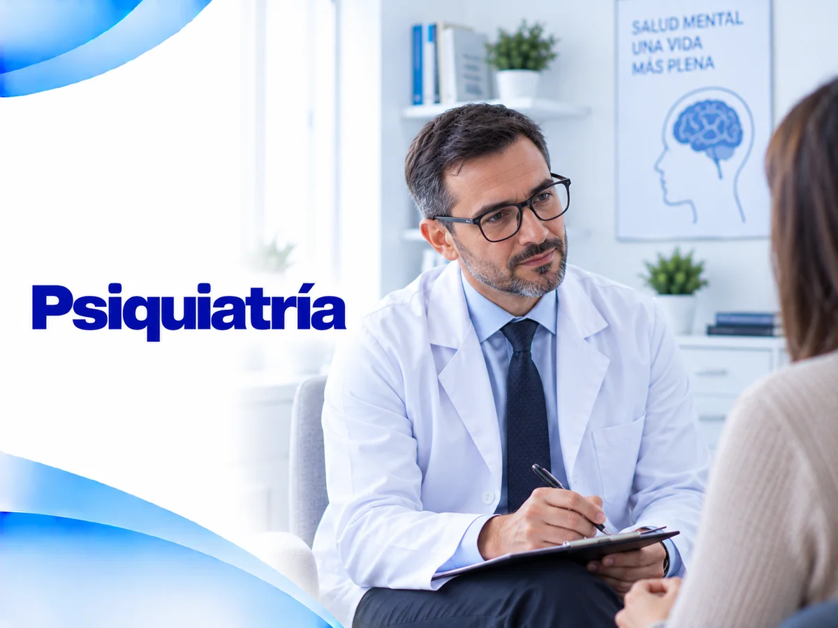 Ilustración de consulta de psiquiatría con un profesional tomando notas frente a un paciente
