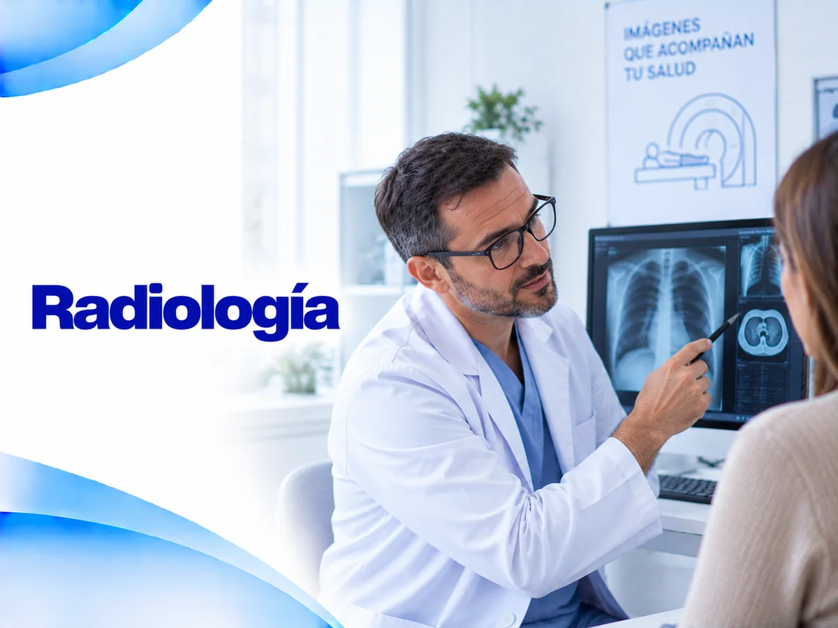 Ilustración de consulta de radiología con un médico señalando una radiografía de tórax en pantalla