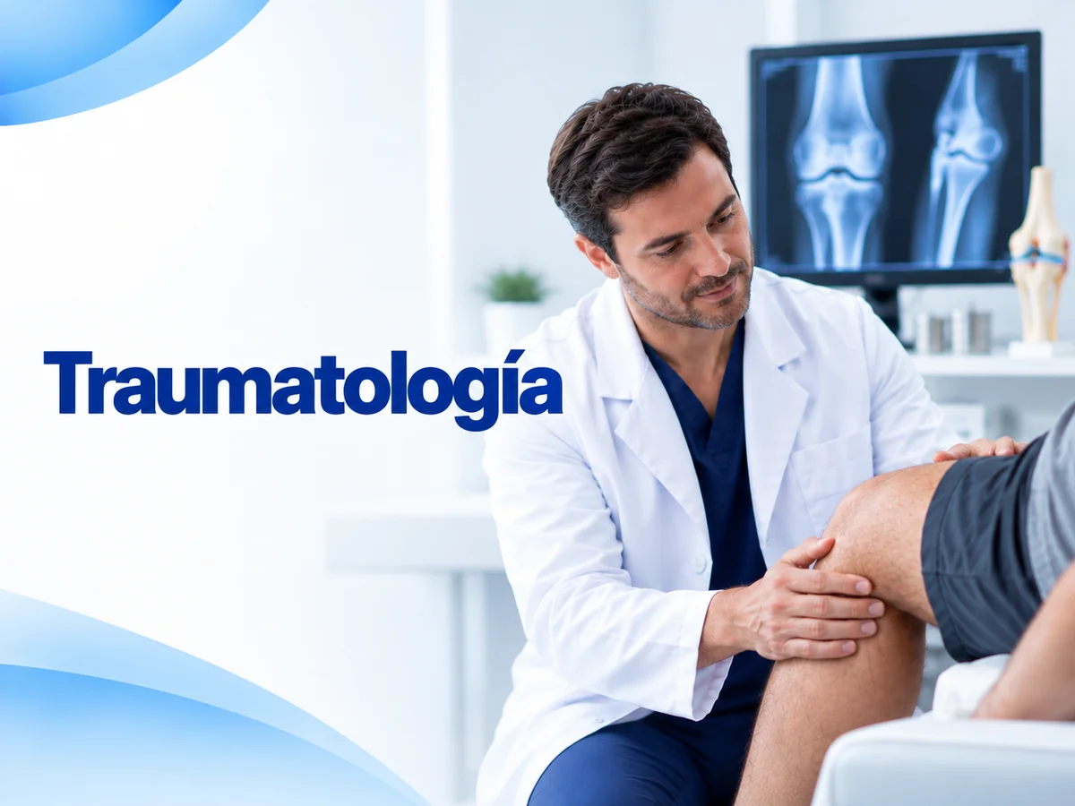 Ilustración de consulta de traumatología con un médico revisando la rodilla de un paciente