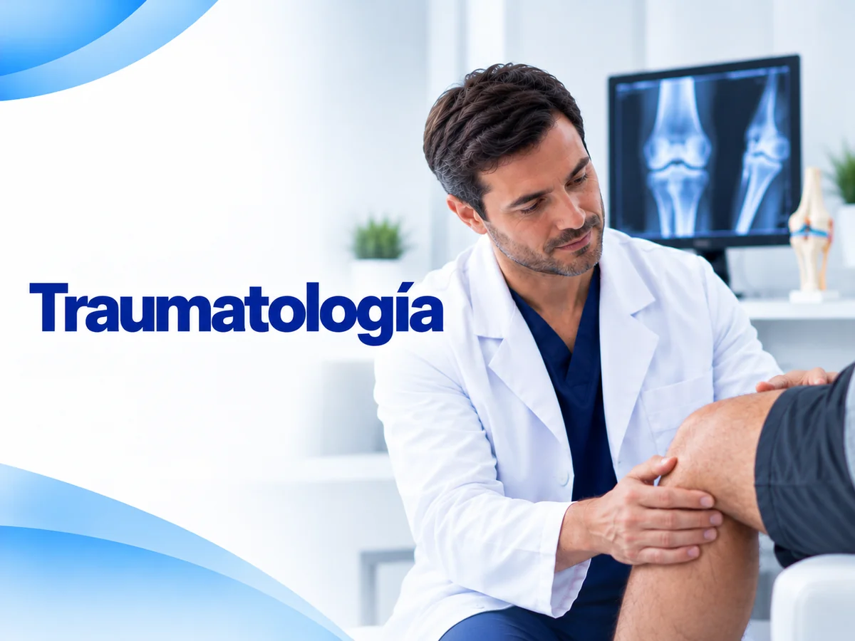 Ilustración de consulta de traumatología con un médico revisando la rodilla de un paciente junto a una radiografía
