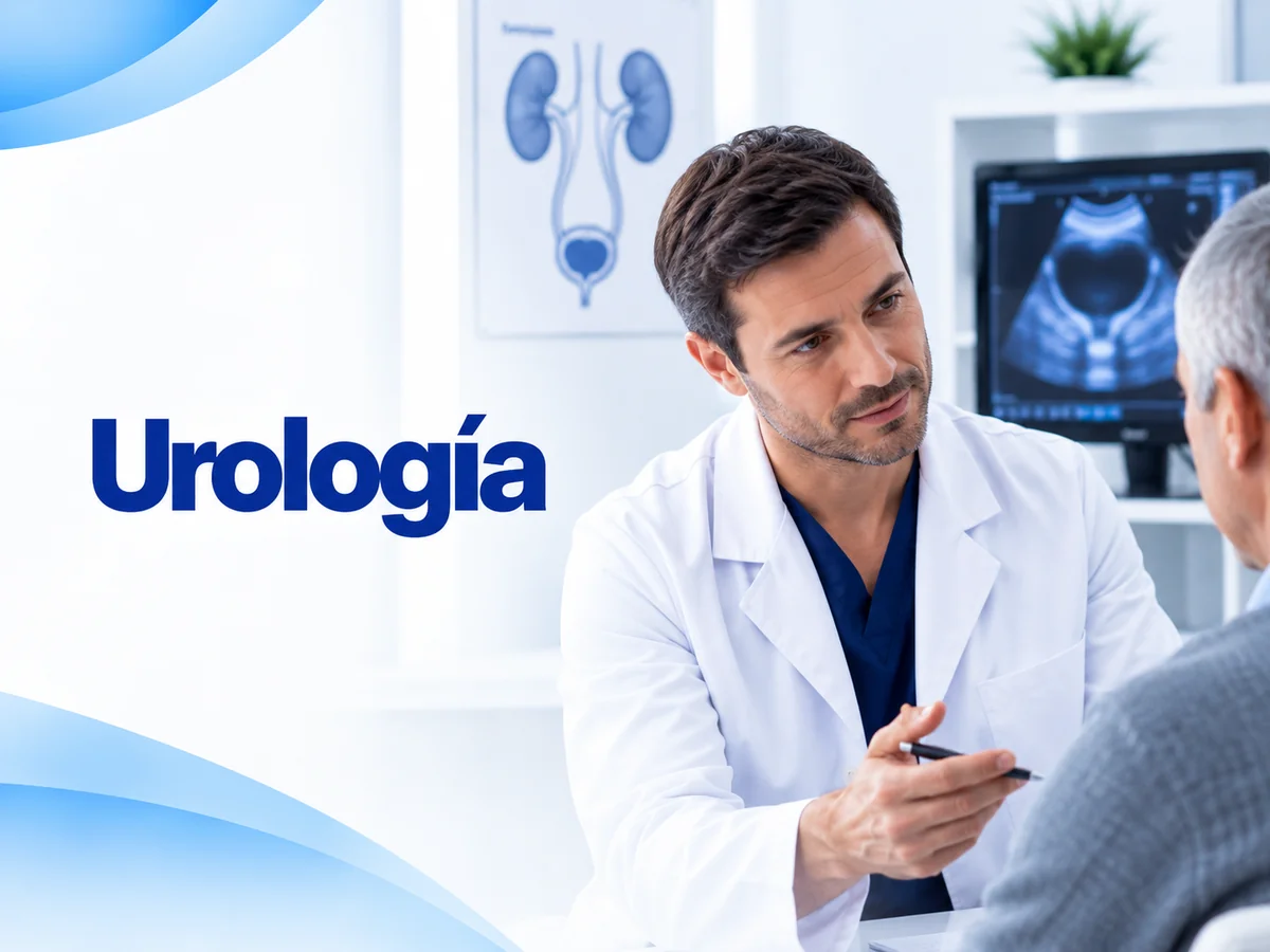 Ilustración de consulta de urología con un médico frente a imágenes de riñones y vías urinarias
